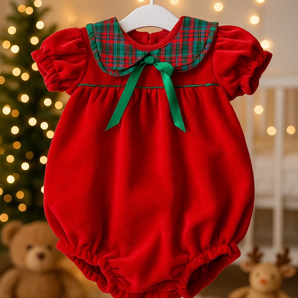 Vintage Little‎ Miracles Red Velvet Holiday Baby Romper 6–9M Made in USA
